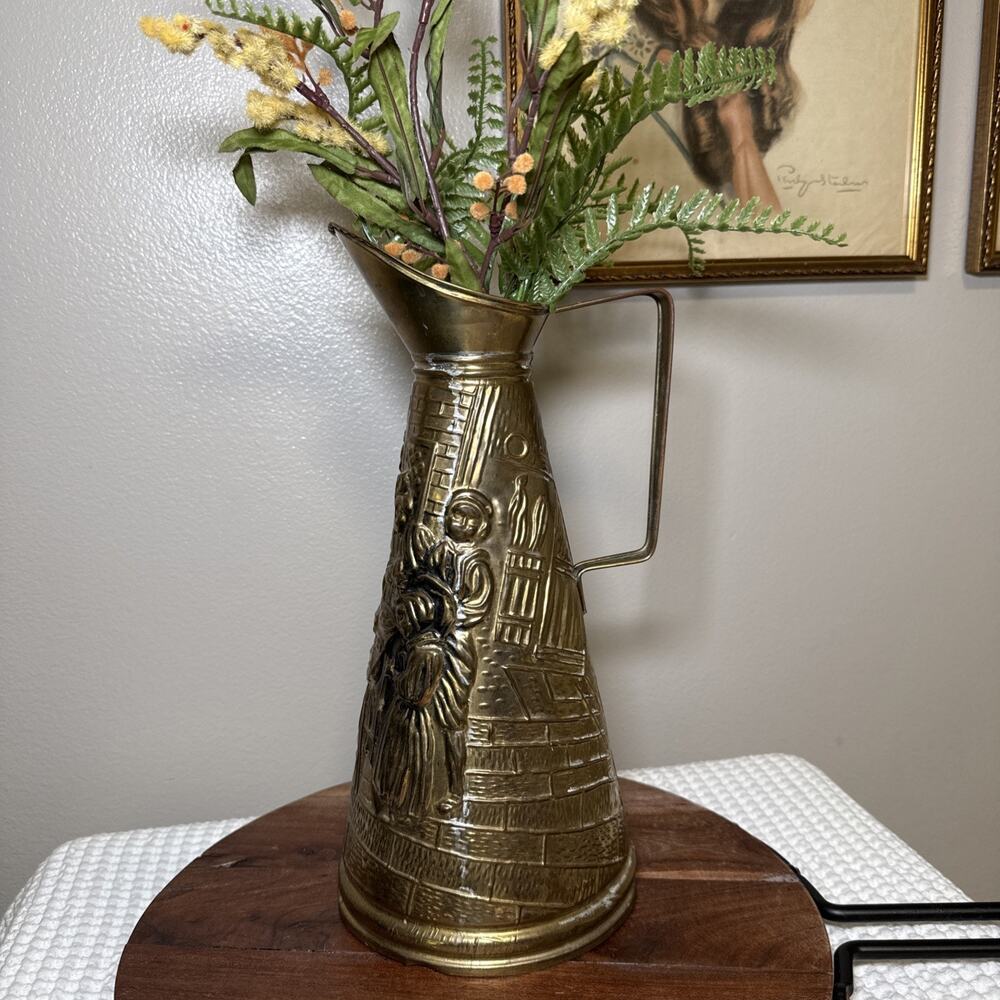 Vtg English Brass Plated Figural Pitcher Ewer 13” Hollywood Regency Vase Decor